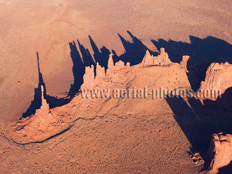 Aerial view of Totem Pole pinnacle, Yei Bi Chei, Monument Valley, Navajo Land, Arizona, USA.