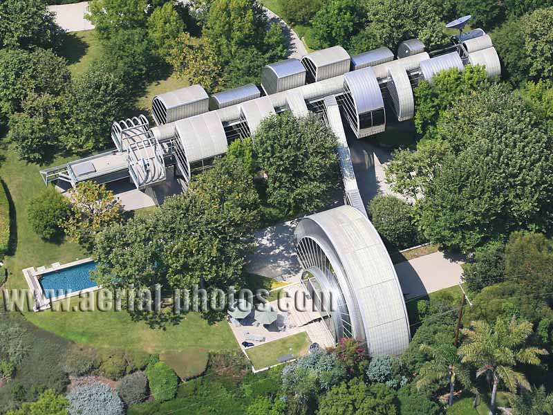 Aerial view of a unique house, Malibu, Los Angeles, California, USA.