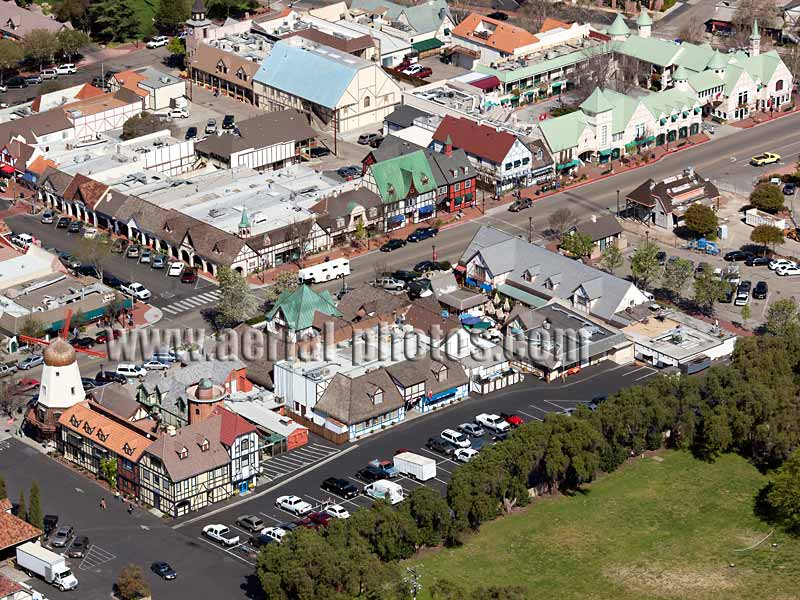 Aerial view of a Danish town. Solvang, Santa Ynez Valley, Santa Barbara County, California, USA.