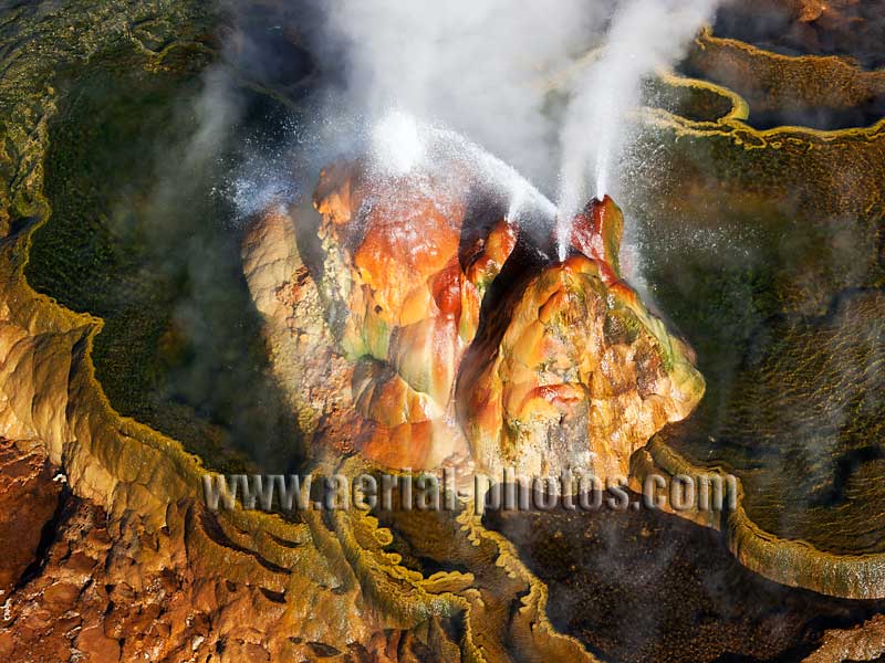 Aerial view of Fly Geyser, geothermal curiosity, Gerlach, Black Rock Desert, Nevada, USA.