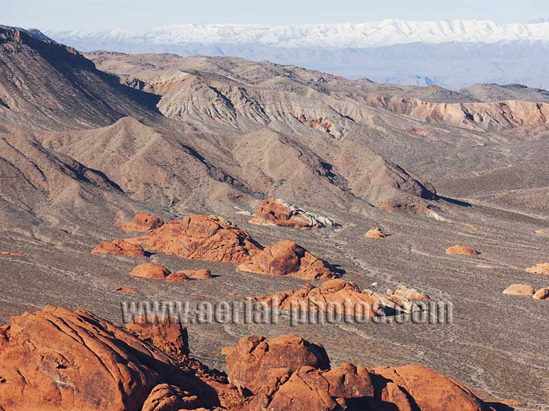 Aerial view of red sandstone outcrop at Valley of Fire State Park, Mojave Desert, Nevada, USA.