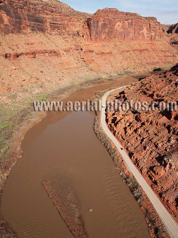 Aerial view of highway 128 Scenic Byway, a road alongside the Colorado River, Moab, Utah, USA.