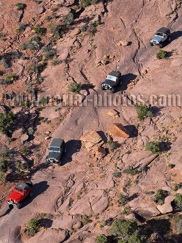 Aerial view of a Jeep adventure near Moab, Utah, USA.