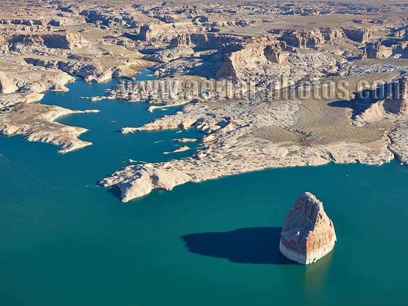 Aerial view of Lone Rock in Lake Powell, Utah, USA.